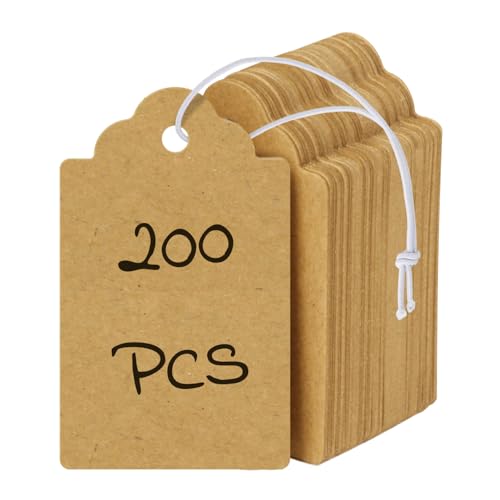 Uniclife 200 Pcs Kraft Price Tags with Elastic String Attached Writable Brown Kraft Paper Tag Hang Tags for Pricing Clothing Jewelry Price Display Labels Blank Merchandise Marking Tag 4.5 x 2.7 cm