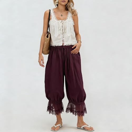 Image of KOSUSANILL Women Long Bloomer Pants Lace Trim Ruffle Pantaloons Cropped Lounge Pajama Bottoms Y2K Capri Pettipants