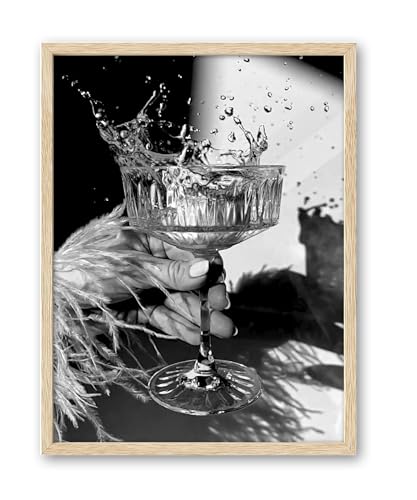 iHery 12x16in Natural OAK Wood Framed Black and White Champagne Wall Art, Vintage Bar Quality Canvas Cocktail Bar Cart Print, Alcohol Wall Decor for Living Room Set of 1