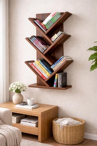Image of Tree-Shaped Wall-Mounted Bookshelf, Wooden, 4-Tier Floating Book Rack for Living Room, Study, Brown
