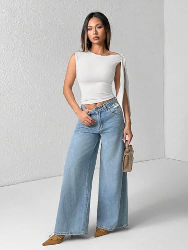 Image of TIVANTE Solid Asymmetrical Shoulder Tie Strap Crop Top for Women