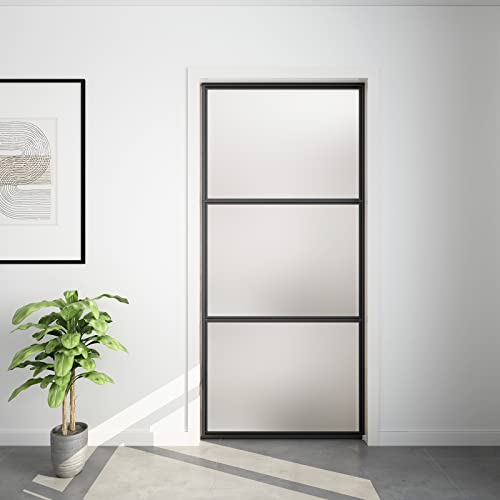 Jubest Pocket Door Set,Frosted Glass Sliding Door,Pocket Door Frame Kits With Door Panel And Galvanized Steel Studs,Suitable For Living Room, Study Room, Bedroom, Bathroom,Black #TOP2