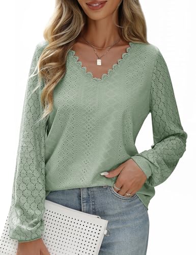 PASUDA Blusa Mujer Elegante Camiseta Manga Larga Casual Cuello en V Camisas Blusas de Encaje Moda Suelta Túnica Sólido Tops Verano Otoño T Shirts(Verde grisáceo,XL)