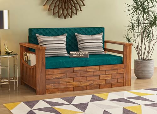 Image of Solid Sheesham Wooden Sofa Cums Bed with Mattresses for Living Room | Rosewood 2 Seater Sofa Cums Bed for Bedroom Without Pillow (C-Natural Finish)