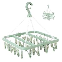 Rainfordhoma Clothes Drying Rack with 32 Clips, Foldable Hanging Rack, 360° Rotatable Hook for Drying Socks Baby Clothes Towels Gloves(Light Green)
