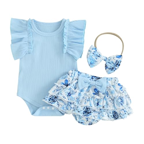 Image of PUHHAPIEY Baby Girl Clothes Summer Infant Floral Outfit Ruffle Sleeve Knitted Romper + Layered Bloomers Shorts + Headband (Baby Blue, 0-3 Months)