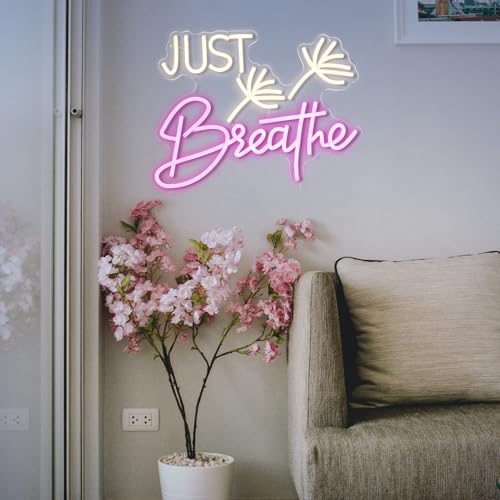 Image of Just Breathe Neon Sign Dimmable Breathe Neon Signs Light Up Sign for Wall Decor LED Letters Neon Light by USB for Bedroom Yoga Studio Gym Reading Room(12.6 * 16.5In)