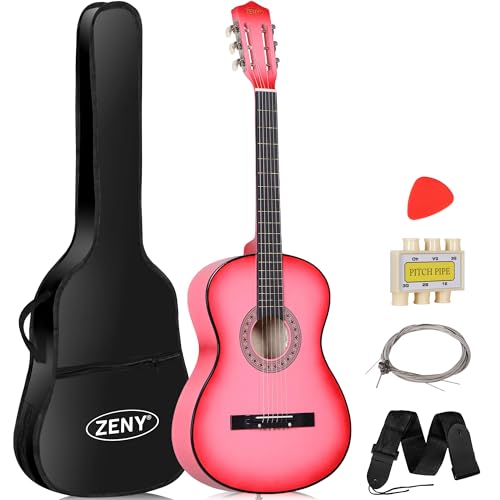 ZENY Beginners 38 inch Acoustic Guitar Package Kit for Right-handed Starters Kids Music Lovers w/Case, Strap, Pitch Pipe and Pick (Pink)