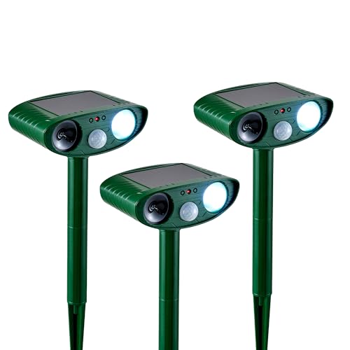 Raccoons Deer & Squirrels - Ultrasonic & Strobe Light Outdoor Deterrent for Cats Dogs Raccoons Rabbits Skunks Foxes & More