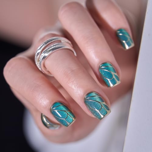 Image of CurvLife Soft Gel Squoval Press-On Nails Short, Reusable Fake Nails with Glue & Adhesive Tabs, 30PCS Salon-Quality Stick-On Nails for At-Home Manicure (Gilded Jade)