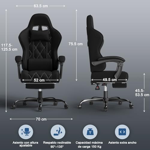Miniatura 3 de Devoko Silla Gaming Ergonómica De Tela Transpirable Con Masaje Lumbar Y Reposapiés Retráctil, Silla Gamer Reclinable Con Muelles Ensacados Y Espuma Viscoelástica, Base Metálica, 150 Kg, Negro