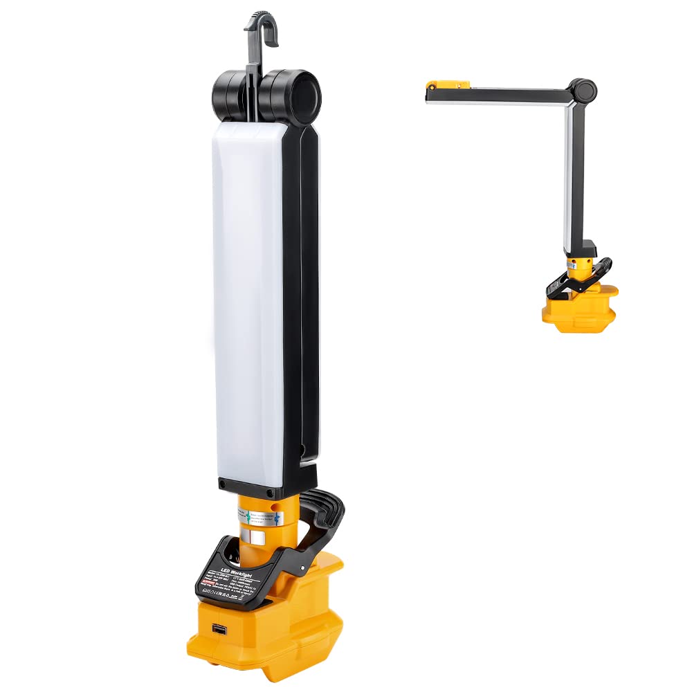 18V Lampe de Travail sans Fil à LED Lampe de Camping Compatible avec Dewalt 18V la Batterie au Lithium Lampe Clip avec Port USB pour l'entretien Automobile Éclairage de Grenier de Camping