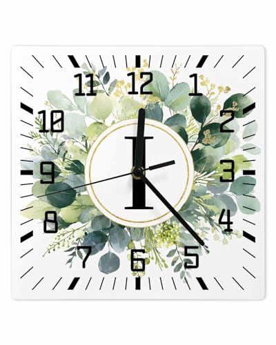 Joyinmory Wall Clock Letter I Operated Clocks Wooden Silent Non-Ticking Wallclock 12 Inch Alphabet Green Eucalyptus Leaves Wood Square Wall Clock for Living Room Bedroom Office Shool Home Decor