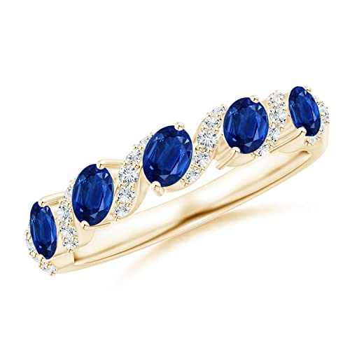 Angara Natural Blue Sapphire Ring for Women | Five Stone Oval Sapphire Swirl Ring with Diamonds in 14K Solid Gold | September Birthday, Anniversary, Gemstone Jewellery Gift