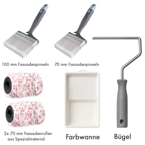 Mäster Roller- und Pinselset für Fassaden – Serie Standard – Komplett-Set mit zwei 70 mm Fassadenrollen aus Spezialmaterial, 70 und 100 mm Fassadenpinseln, Bügel und Farbwanne – Streichen von Fassaden