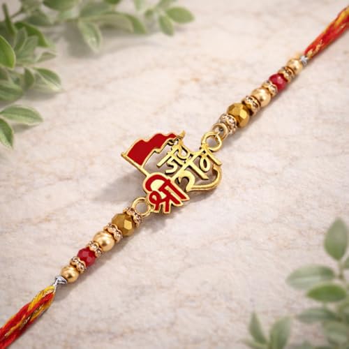 Image of Riddhika Ventures Glorious Gold Plated Auspicious Diamond Ring Rakhi with Roli Chawal and Greeting Card