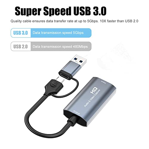 Image of Capture Card, 2023 4K 60HZ Audio Video HDMI Capture Card，HDMI to USB 3.0 / USB C 1080P 60HZ Capture Card,Capture Card for Streaming /Nintendo Switch /PS3 /PS4 /YouTube /Xbox /Camera /PC /OBS