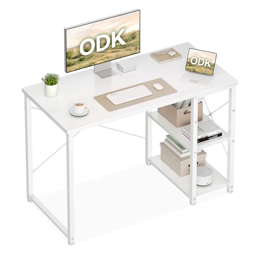 ODK Escritorio con Estantería Reversible, 100x48cm Mesa Escritorio con Estantes de Almacenamiento, Mesa Oficina Mesa Ordenador para en Casa, Estudio y Gaming, Blanco