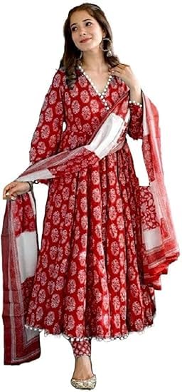 B.D & SONS Women's Rayon 3/4 Sleeves V-Neck Hand Block Printed Ankle Length Anarkali Kurti Pant with Dupatta Set for Ladies and Women