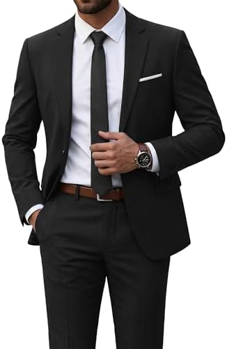 YND Men's 2 Piece Suit with Tie, One Button Slim Fit Solid Jacket and Pants Set, Suits for Men Prom Party Wedding & Business
