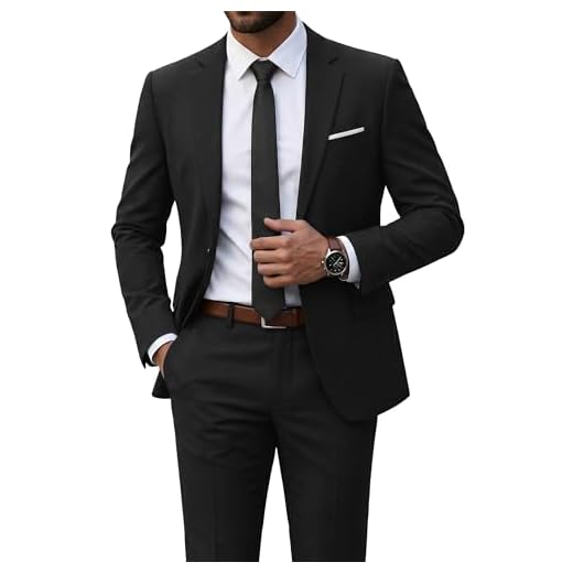YND Men's Slim Fit 2 Piece Suit, One Button Jacket Pants Set with Tie, Solid Party Wedding Dress Blazer, Tux Trousers, Black