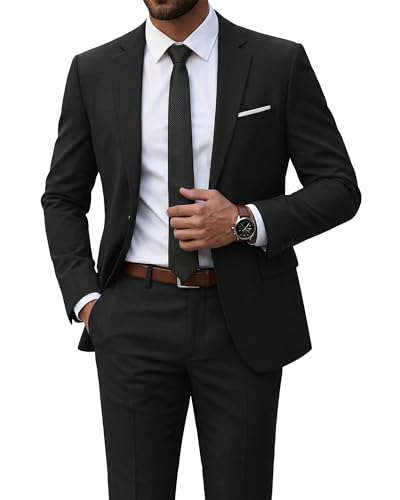 YND Men's 2 Piece Suit with Tie, One Button Slim Fit Solid Jacket and Pants Set, Suits for Men Prom Party Wedding & Business, Black