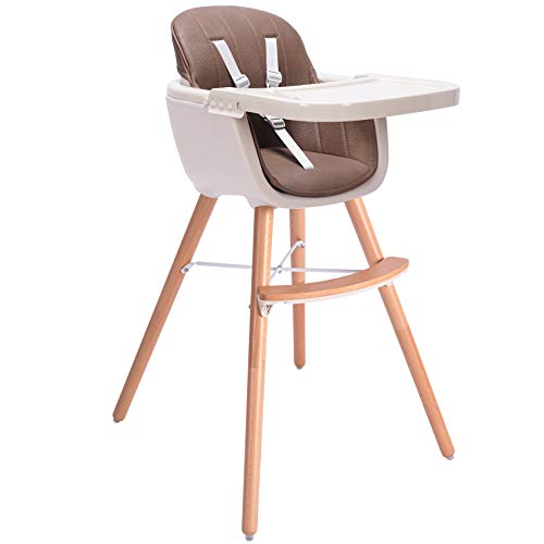 Image of Baby High Chair, Wooden High Chair with Removable Tray and Adjustable Legs for Baby/Infants/Toddlers (Brown)