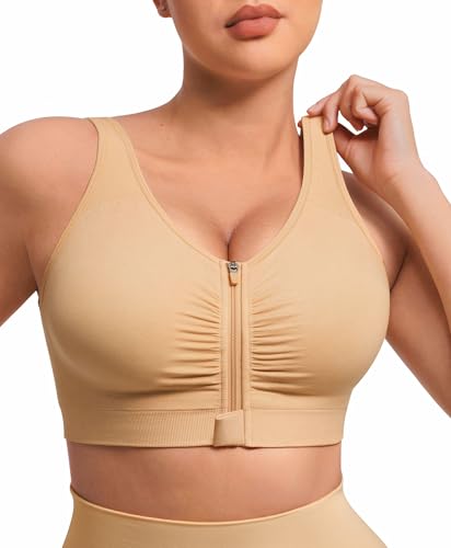 FeelinGirl Womens Compression Bra for Breast Augmentation Recovery Front Closure Bras for Women Saddle Brown XXL