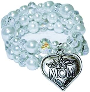 Cynthia"LOVE YOU MOM" Tibet Silver White Glass Pearl & Aurora Borealis Crystal Mother's Day Wrap Coil Bracelet
