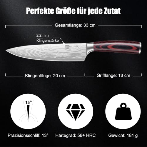 PAUDIN Kochmesser 20 cm, scharf, 5Cr15MoV Edelstahl, Pakkaholzgriff – Ansicht 4