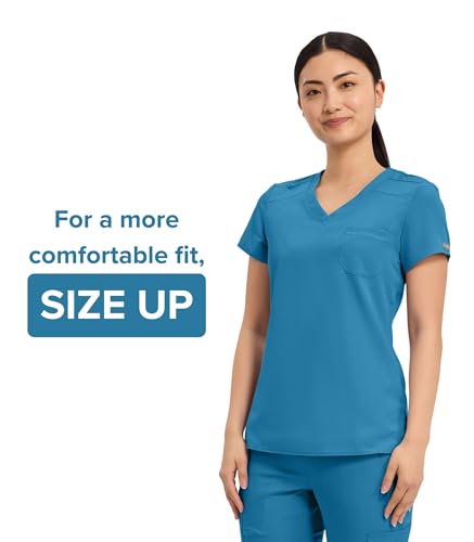 Image of Med Couture Women's V-Neck Scrub Top, Modern Fit Tuck-in Top with Stretchy Rib-Knit Shoulders and Chest Pocket - MC7448