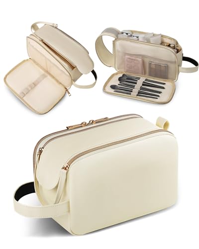 HOTOR Travel Toiletry Bag - Water Resistant Travel Essentials for Women and Men, Compact Leather Toiletries Organizer with Handle, Versatile Cruise Ship Essentials, Beige, Medium