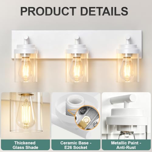 Image of IZORRO Bathroom Vanity Light Fixture, 3-Light 22 Inch White Bathroom Light Fixtures Over Mirror, with Clear Glass Shade, Modern Farmhouse Vanity Lights, Rustic Restroom Lighting Fixtures