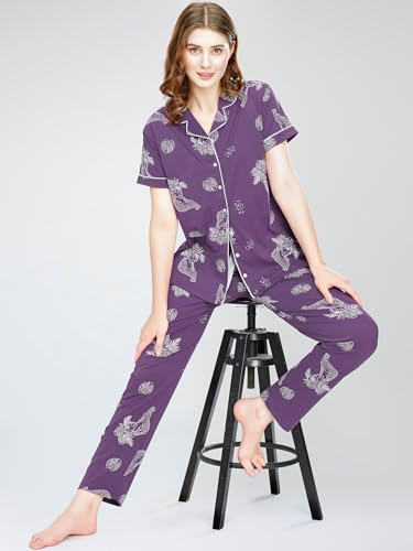 Image of ZEYO Night Suit for Women's Floral & Cheetah Printed Cotton Night Dress of Shirt and Pajama Set 5755