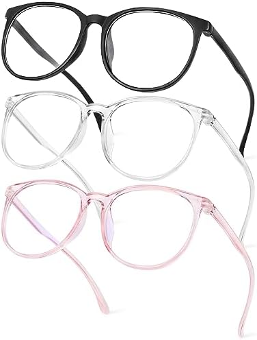 Aomig Blue Light Blocking Glasses, 3Pcs Round Frame No Degree Computer Gaming Glasses for Women Men, Lightweight Reading Glasses Anti Glare Anti Eyestrain, Black＆Transparent White＆Transparent Gray