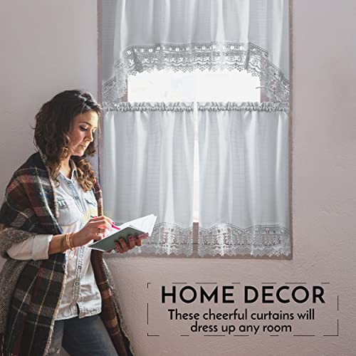 American Linen Café Curtains for Kitchen, Bathroom Curtains with Valance, Embroidered lace Border. (Steele Gray)