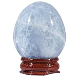 dssmboom Œuf en Cristal de célestine Bleu Poli avec Support en Bois, 46 50 mm Figurine d'œuf en Pierre de célestine Naturelle pour la méditation, décoration de la Maison