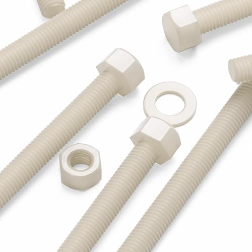 Image of 5X Natural Nylon PA66 Hex Head Plastic Bolts, Nuts & Washers, M12 x 150 mm, Fastener, (15 /32 x 5 29 /32 in)
