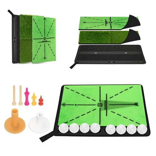 Newcare Golf Hitting Mat With Curved Ball Tray, 3-In-1 Golf Practice Mat, Fairway Rough Putting Surfaces, Non-Slip Rubber Base, 16 X 14 Inch Portable Golf Training Mat, Gift Idea