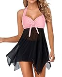 Holipick Women Two Piece Swim Dress Underwire Swimsuits Push Up Tankini Halter Bathing Suit Dress with Boyshorts Black Pink