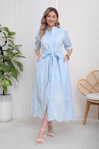 utcoco Women's Embroidered Eyelet Shirt Dresses Belted Puff Sleeve Button Down Swing Boho Cotton Maxi Shirt Dress2