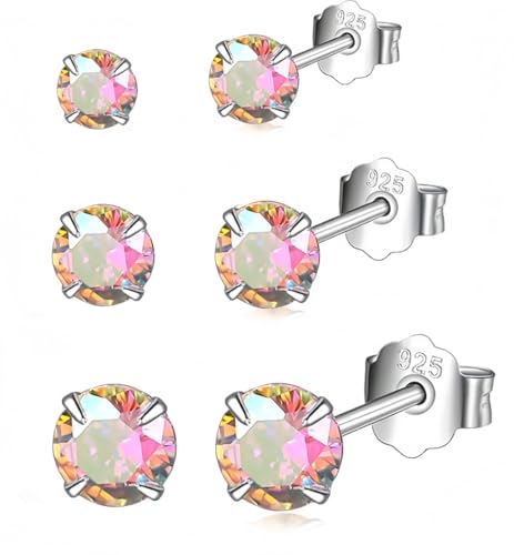 Oivzziy Set de 3 pares de pendientes de botón de plata de ley 925 de cristal arcoíris para mujer y niñas conjunto de joyas 3mm 4mm 5mm