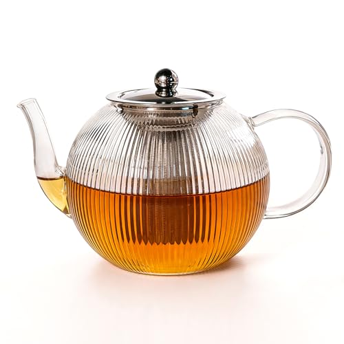 50OZ/1500ml Ribbed Borosilicate Glass Teapot with Removable Stainless Steel Infuser & Lid, Stovetop Safe Vertical Striped Clear Tea Kettle for Loose Leaf & Blooming Tea
