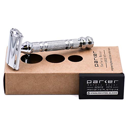 Parker Safety Razor, Parker 66R High Lustre Chrome, Long Handle Heavyweight Butterfly Open Double Edge Safety Razor For Men, 5 Parker Premium Platinum Double Edge Razor Blades Included #TOP1