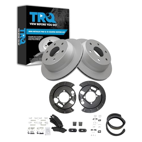 Image of TRQ Rear Brake Pad & Rotor Kit Semi-Metallic Premium G-Coated Compatible with 03-05 Astro 99-06 Sierra 1500 07 Sierra 1500 Classic Silverado 1500 Silverado 1500 Classic 00-01 Tahoe Yukon Yukon XL 1500