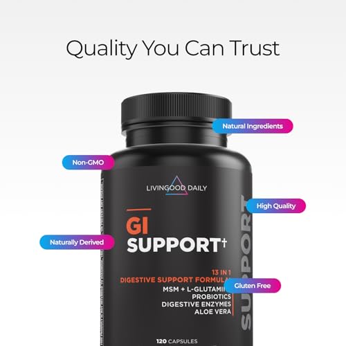 Livingood Daily Gut Cleanse Detox Supplement, 13-in-1 GI Support with L Glutamine, Aloe Vera, Digestive Enzymes, Probiotics & MSM, Vegetarian Capsules, Gluten Free, Non GMO, Allergen Free, 120 Count