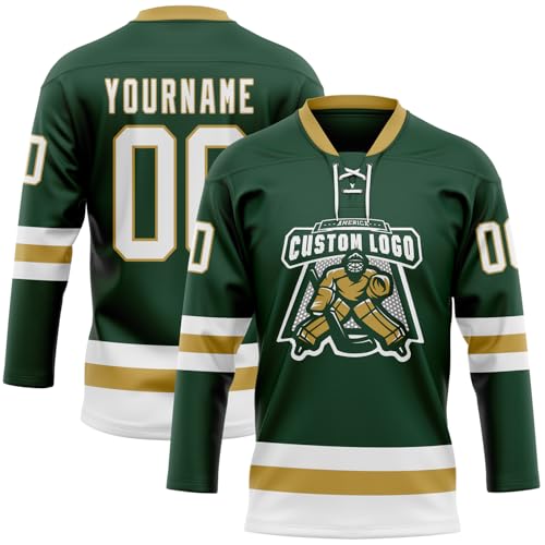 Youth Personalized Hockey Pullover Jersey for Boys, Custom Practice Sweater & Uniforms for Kids Girls & Adult Women Men, Breathable Top with Custom Number & Name Apparel Shirts,Dark Green, Gold, White - Thumbnail 2