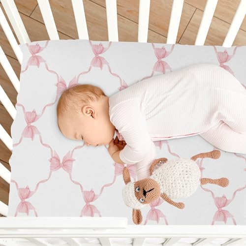 Image of Fitted Crib Sheets Trellis Bow Pink Checkered Stretchy Portable Playard Sheets for Baby Toddler, Breathable Soft Mini Crib Mattress 39 x 27 in for Boys and Girls