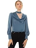 Allegra K Damen Elegant Bluse Langarmshirt Choker T-Shirt V-Ausschnitt Tops Staubiges Blau M