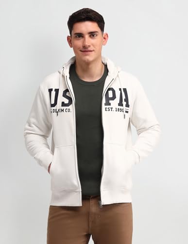 Image of U.S. Polo Assn. Denim Co. Men's White Logo Hooded Neck Long Sleeve Casual Cotton Regular Fit Sweatshirt